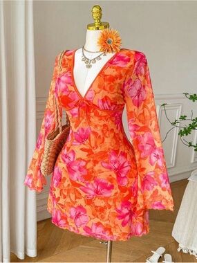SHEIN Orange & Pink Floral Tie-Front Swim Coverup Dress